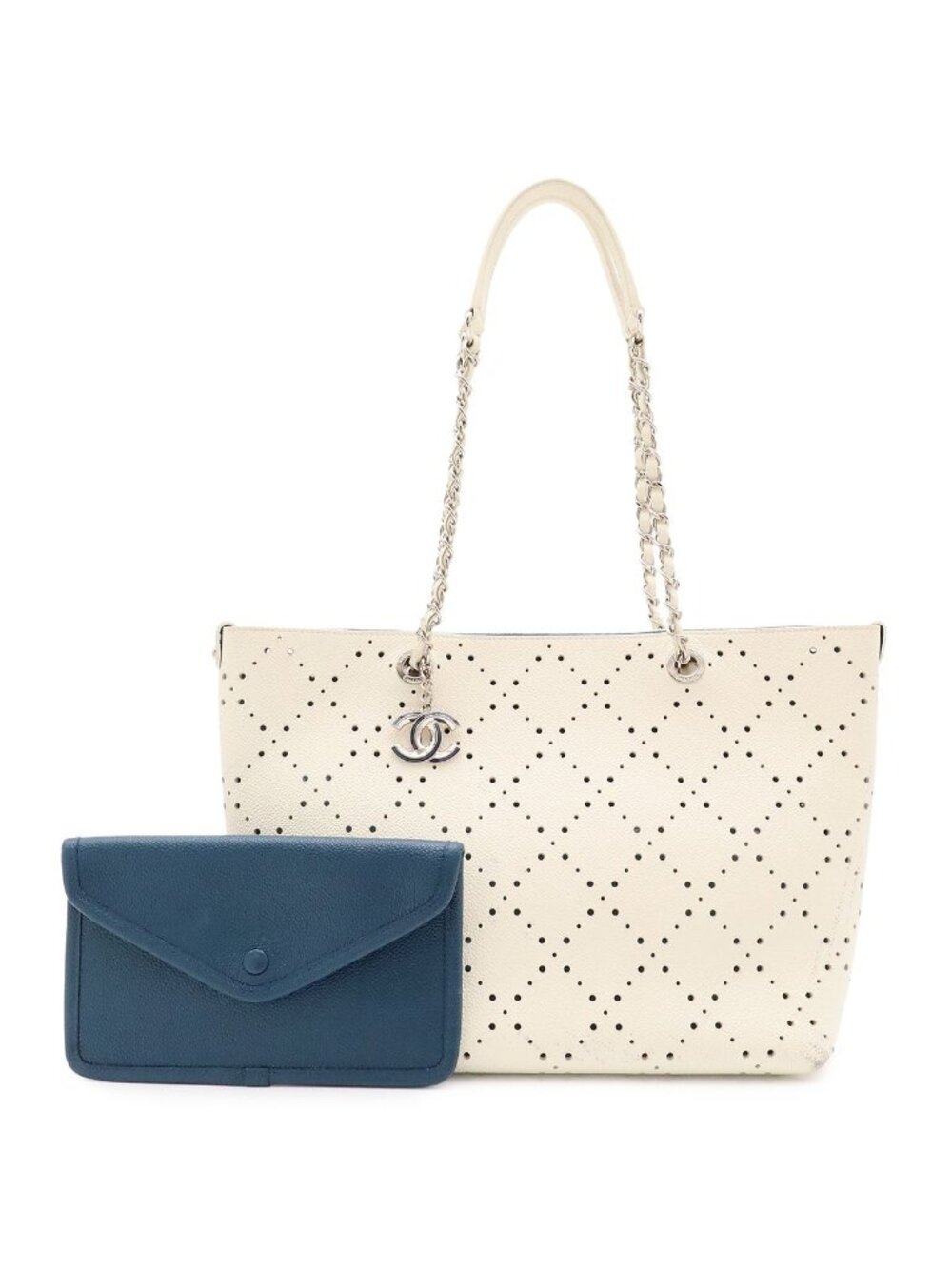 Chanel Perforated Tote Chain Shoulder Bag Caviar Leather Ivory Blue Silver